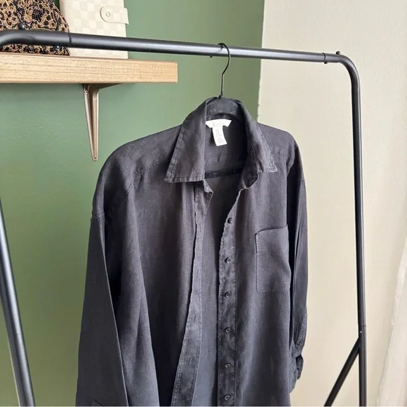 H&M Black Linen Button-Up Long-Sleeve Shirt - Picture 3 of 4